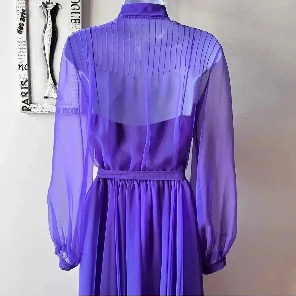 Vintage 60s Purple Chiffon Sheer Long Sleeve Pintuck Dress Size 12